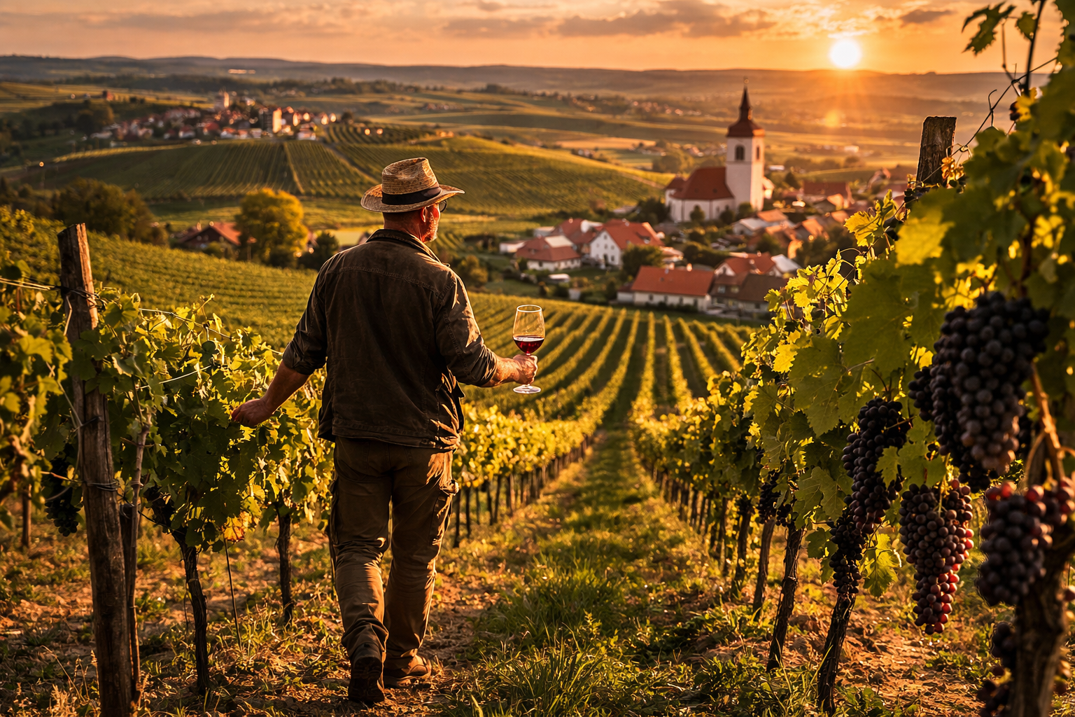 Vinař prochází vinohradem na Moravě