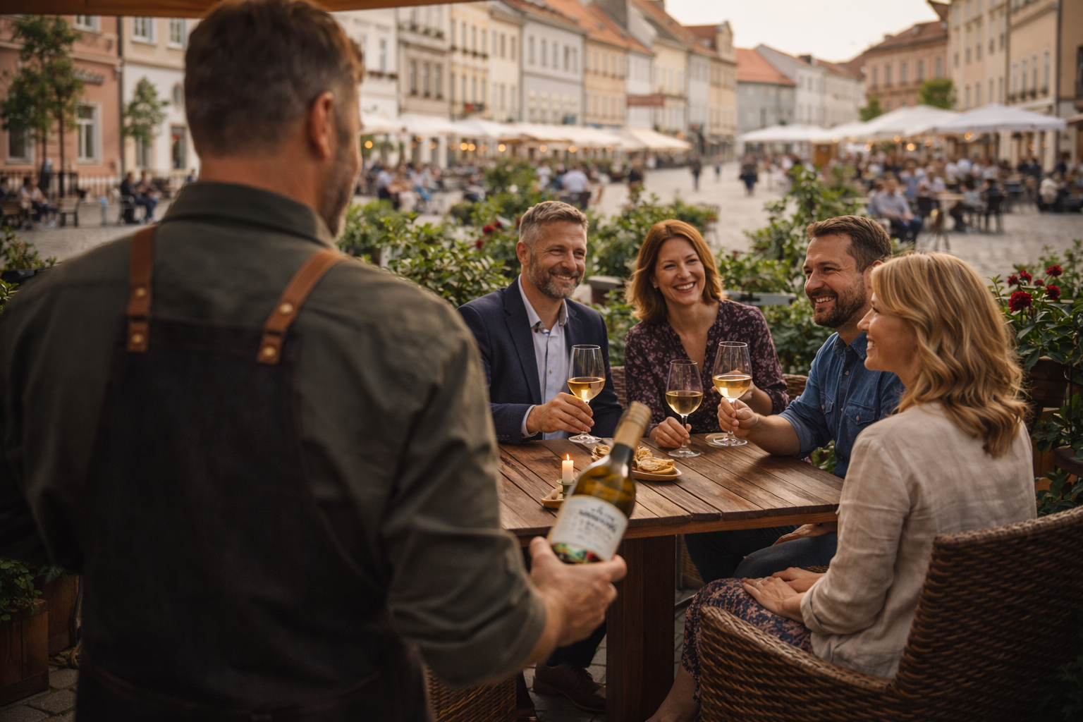 Servírování vína na zahrádce restaurace